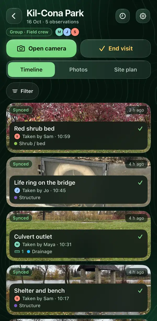 The visit timeline in the iPhone app for a park site: photos of red shrubs, a life ring on a bridge, a culvert and a shelter, marked Synced, each showing who took it, such as Taken by Sam.
