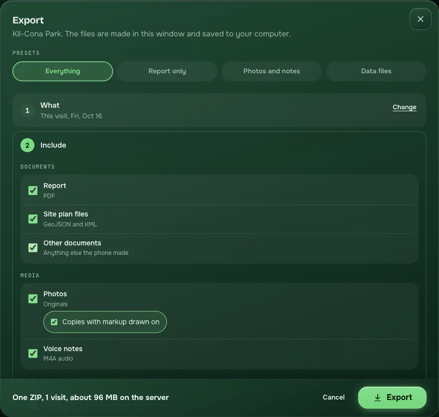 The Export window on Siteseen: presets Everything, Report only, Photos and notes, Data files, and the list of what to include, such as the PDF report, site plan files, photos and voice notes.