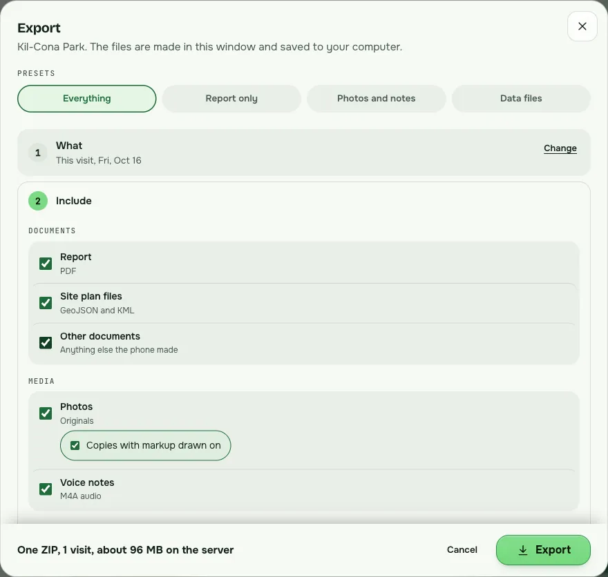The Export window on Siteseen: presets Everything, Report only, Photos and notes, Data files, and the list of what to include, such as the PDF report, site plan files, photos and voice notes.