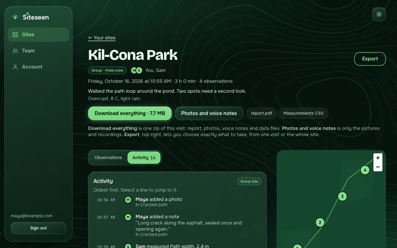 A visit on the Siteseen website: the activity list for the Kil-Cona Park site shows Maya added a photo and a note, Sam measured a path width of 2.4 metres, each with the time, beside a map of the site with numbered pins.