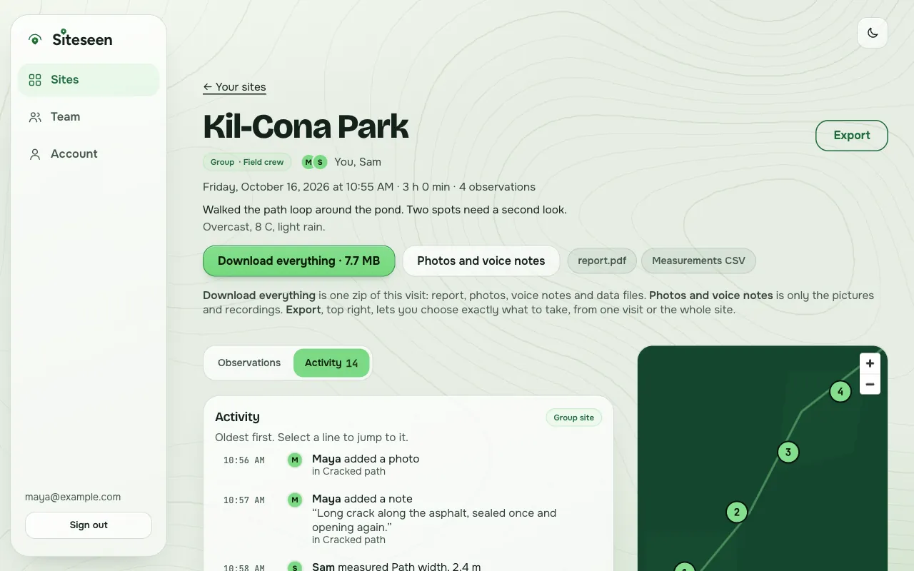 A visit on the Siteseen website: the activity list for the Kil-Cona Park site shows Maya added a photo and a note, Sam measured a path width of 2.4 metres, each with the time, beside a map of the site with numbered pins.
